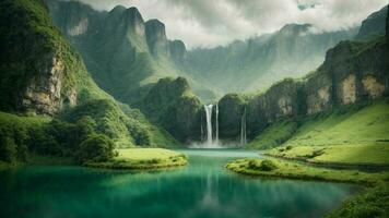 un' sereno, tranquillo lago annidato nel un' verdeggiante valle, circondato di torreggiante scogliere e a cascata cascate, natura sfondo ai generativo foto