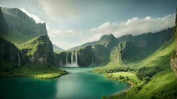 un' sereno, tranquillo lago annidato nel un' verdeggiante valle, circondato di torreggiante scogliere e a cascata cascate, natura sfondo ai generativo foto