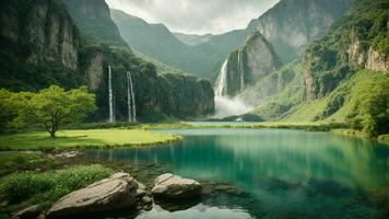 un' sereno, tranquillo lago annidato nel un' verdeggiante valle, circondato di torreggiante scogliere e a cascata cascate, natura sfondo ai generativo foto