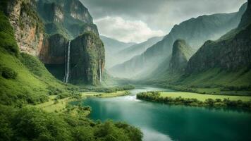 un' sereno, tranquillo lago annidato nel un' verdeggiante valle, circondato di torreggiante scogliere e a cascata cascate, natura sfondo ai generativo foto