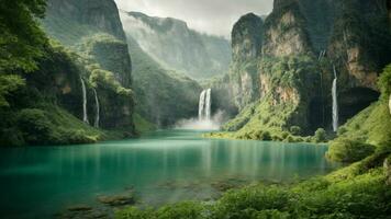 un' sereno, tranquillo lago annidato nel un' verdeggiante valle, circondato di torreggiante scogliere e a cascata cascate, natura sfondo ai generativo foto
