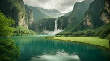 un' sereno, tranquillo lago annidato nel un' verdeggiante valle, circondato di torreggiante scogliere e a cascata cascate, natura sfondo ai generativo foto