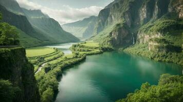 un' sereno, tranquillo lago annidato nel un' verdeggiante valle, circondato di torreggiante scogliere e a cascata cascate, natura sfondo ai generativo foto