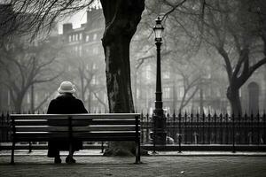 anziano donna seduta su un' panchina nel parco, solitudine foto