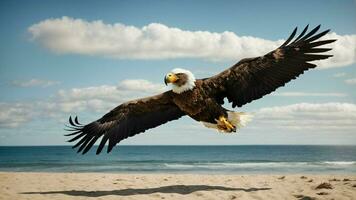 un' bellissimo estate giorno con blu cielo e un' solitario di Steller mare aquila al di sopra di il spiaggia ai generativo foto