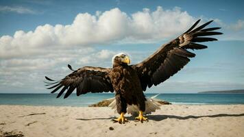 un' bellissimo estate giorno con blu cielo e un' solitario di Steller mare aquila al di sopra di il spiaggia ai generativo foto