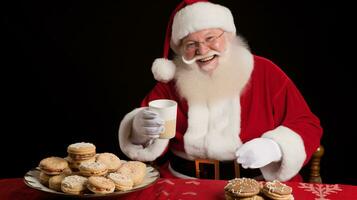 ai generativo contento Santa Claus mangiare latte e biscotti foto