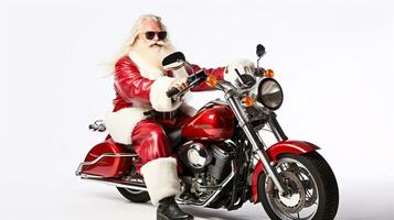 ai generativo freddo motociclista Santa con occhiali da sole su un' motocicletta foto