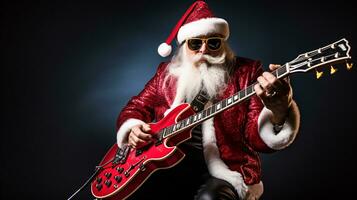 ai generativo freddo fricchettone Santa su basso chitarra a festa con occhiali da sole foto