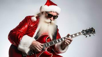 ai generativo freddo fricchettone Santa su basso chitarra a festa con occhiali da sole foto