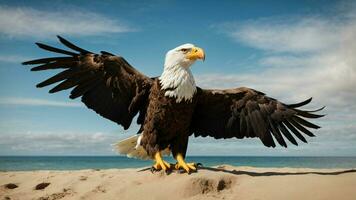 un' bellissimo estate giorno con blu cielo e un' solitario di Steller mare aquila al di sopra di il spiaggia ai generativo foto