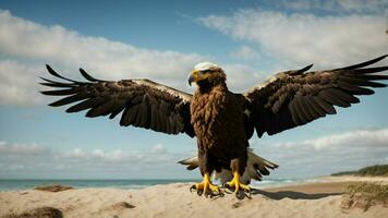 un' bellissimo estate giorno con blu cielo e un' solitario di Steller mare aquila al di sopra di il spiaggia ai generativo foto