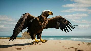 un' bellissimo estate giorno con blu cielo e un' solitario di Steller mare aquila al di sopra di il spiaggia ai generativo foto