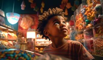 carino africano americano ragazzo nel caramella negozio. bambino sceglie dolci, varietà e abbondanza. ai generativo foto
