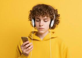 adolescente nel giallo felpa e cuffie ascolta per musica con smartphone nel il suo mani. ai generativo. foto