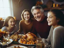 un' contento famiglia Natale o ringraziamento cena con arrostito tacchino. ai generativo foto