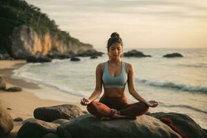 un' giovane donna Meditare su un' roccia a il riva del mare su il spiaggia, praticante consapevolezza e focalizzata respirazione per Ottimizzare sua mentale benessere. ai generativo foto