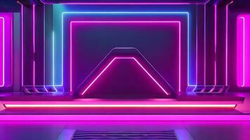 astratto neon sfondo con rosa e blu neon Linee e riflessione su il pavimento. ai generativo foto