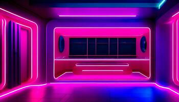 astratto neon sfondo con rosa e blu neon Linee e riflessione su il pavimento. ai generativo foto