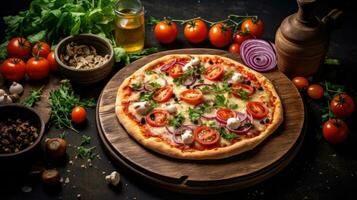 speziato Pizza insalata ingredienti su di legno sfondo. ai generativo foto