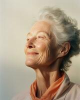 ritratto di anziano femmina modello guardare raggi leggero ombra copertura su sua viso, sorridente e calma espressione, ai generato foto
