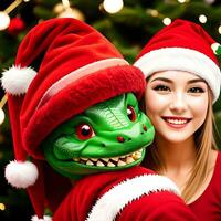 generativo ai fantasie su il tema di il Cinese calendario. Drago simbolo di 2024 e un' ragazza nel un' Santa Claus cappello. foto