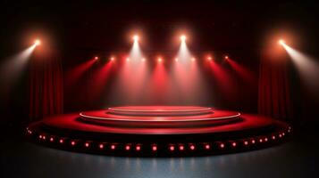 vuoto palcoscenico di il Teatro e teatrale serenità, rosso palcoscenico luce. ai generativo foto