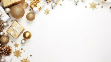 festivo vacanza delizia, oro e bianca Natale piatto posare telaio con copia spazio, ornato con regali, pino coni, e Natale ornamenti, Natale sfondo, ai generativo foto