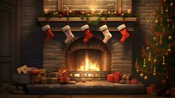 Natale camino con ruggente fuoco, decorato calze autoreggenti foto