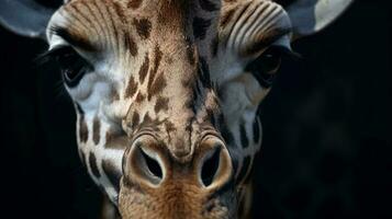 un' vicino su di un' di giraffa viso ai generato foto