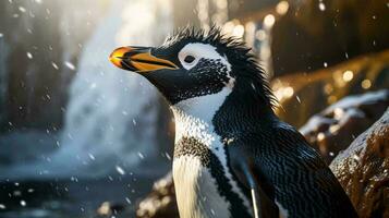 un' pinguino con un' giallo becco ai generato foto