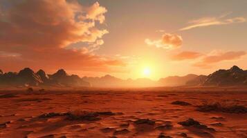 un' deserto paesaggio con montagne e un' tramonto ai generato foto