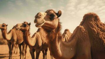 un' gruppo di cammelli ai generato foto