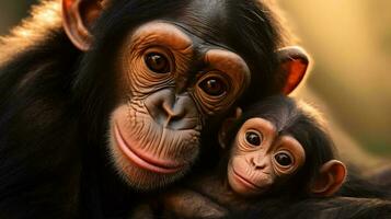un' scimmia Tenere un' bambino scimmia ai generato foto