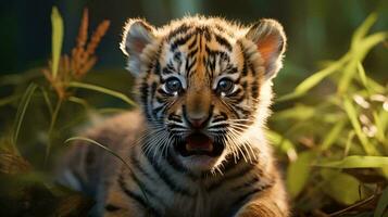 un' bambino tigre nel un' erboso la zona ai generato foto