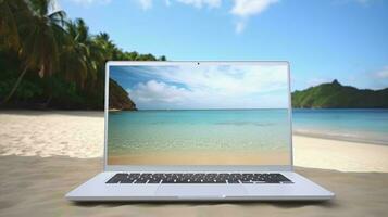 un' il computer portatile su un' spiaggia ai generato foto