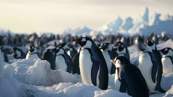 un' gruppo di pinguini su un' nevoso superficie ai generato foto