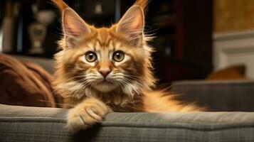 un' gatto dire bugie su un' divano ai generato foto