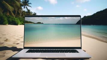 un' il computer portatile su un' spiaggia ai generato foto