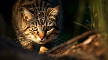 un' gatto con un' pianta nel suo bocca ai generato foto