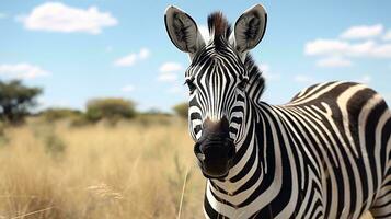 un' zebra in piedi nel un' campo ai generato foto