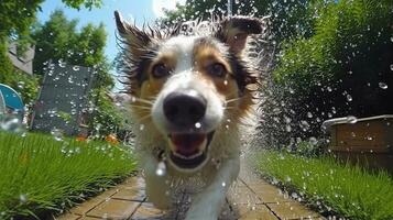 ai generativo di un' gioioso bagnato cane, spruzzi nel acqua, occhi scintillante con felicità, pelliccia inzuppato e scintillante sotto il sole, coda scodinzolante nel puro delizia. foto