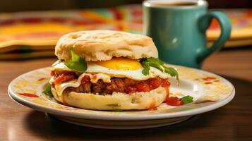 ai generativo di il inglese focaccina huevos rancheros prima colazione Sandwich è un' saporito delizia. esso Caratteristiche un' tostato focaccina caricato con speziato pomodoro salsa, fritte uova, e fuso formaggio foto