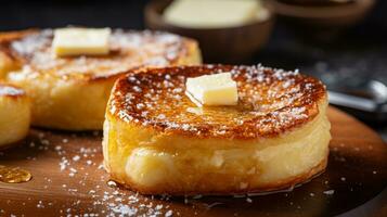 ai generativo di francese crostini inglese focaccina. è un' focaccina immerso nel un' dolce, uovo pastella, cucinato fino a d'oro Marrone, e spesso sormontato con sciroppo, in polvere zucchero, o fresco frutta foto