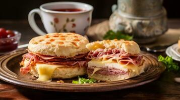 ai generativo di un inglese focaccina ruben prima colazione Sandwich, tostato focaccina con messo alle strette manzo, crauti, svizzero formaggio, e piccante vestirsi, un' salato, mattina diletto foto