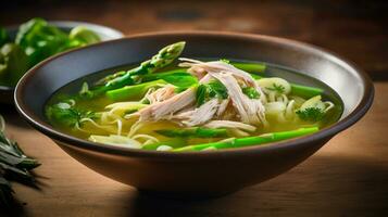 ai generativo di primavera verdura brodo pieno con delicato asparago e tenero triturati pollo. foto