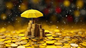 ai generativo di un ombrello e monete simboleggiare assicurazione, piace un' scudo contro inaspettato spese, conservazione il tuo finanza sicuro e asciutto quando vita piove giù sfide. foto