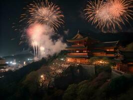 kiyomizu-dera tempio e fuochi d'artificio a notte, kyoto, Giappone ai generato foto