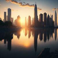 edificio città e Alba, fiume e cielo sfondo, ai generato foto