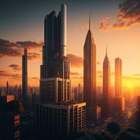 edificio città e tramonto, ai generato foto